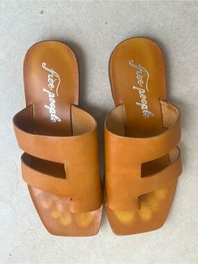 Free People Brown Leather H Slide Sandals Square Toe Made in India Size 36.5